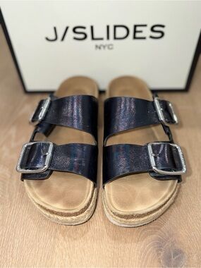 J/SLIDES Black Patent Double Buckle Espadrille Slides